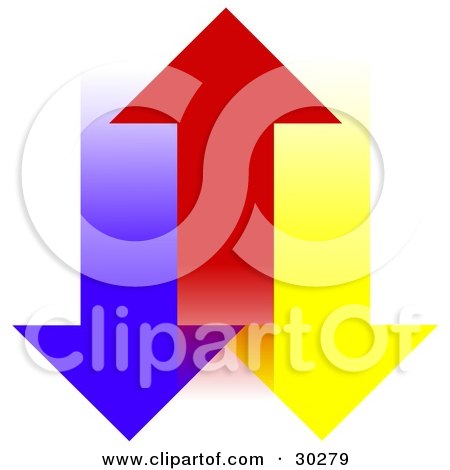 Clipart Illustration of a Red Arrow Moving Upwards, Between Blue And Yellow Arrows by djart