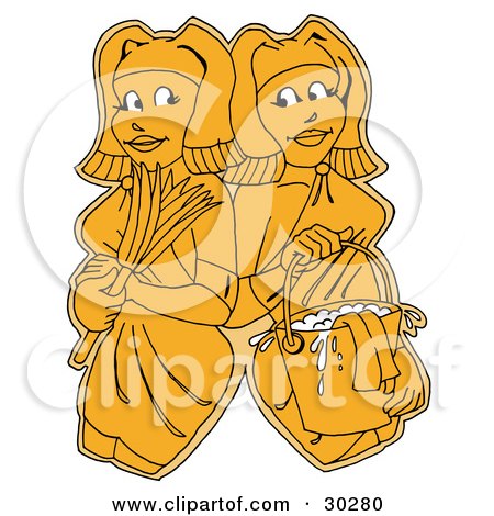 Clipart Illustration of Two Yellow Women, Maids Or Janitors, Wearing Gloves And Carrying A Feather Duster And Mop Bucket, Standing Shoulder To Shoulder by LaffToon