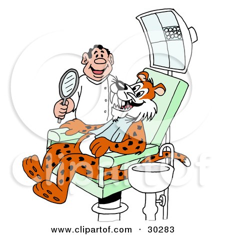 Clipart Illustration of a Leopard Smiling And Showing His Fangs To A Happy Dentist In An Exam Room by LaffToon