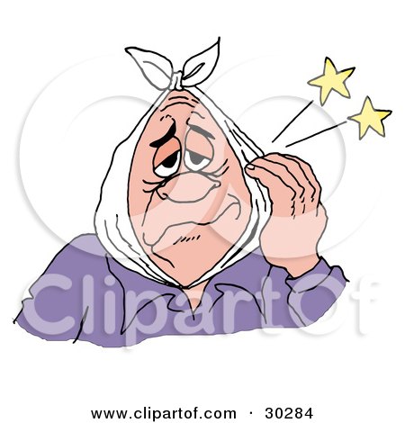 Clipart Illustration of a Sore Old Man Touching His Cheek And Wearing A Cold Pack Around His Head, Trying To Ease The Pain Of A Hurting Tooth by LaffToon