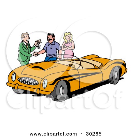 Clipart Illustration of a Car Salesman Giving A Customer The Keys To An Orange Classic Convertible Car by LaffToon