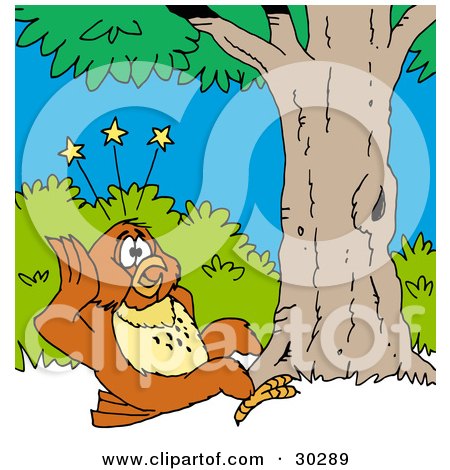Clipart Illustration of a Clumsy Owl Seeing Stars After Falling Out Of Or Flying Into A Tree Due To Poor Eye Sight by LaffToon