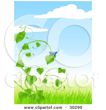 Clipart Illustration of a Blue Butterfly Perched On A Lush Green Vine On A Sunny Spring Day by elaineitalia