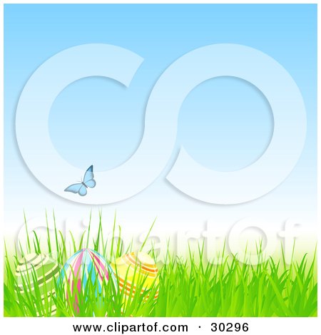 Clipart Illustration of a Blue Butterfly Over Three Easter Eggs Hidden In Grass Under A Blue Spring Sky by elaineitalia