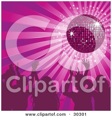 Clipart Illustration of a Group Of Silhouetted People Waving Their Hands In The Air And Dancing Under A Purple Disco Ball At A Party by elaineitalia