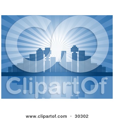 Clipart Illustration of a Bursting Blue Sky And Mosaic Patterned City Skyscraper Skyline Reflecting On Still Waters by elaineitalia