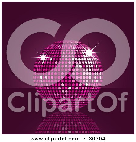 Clipart Illustration of a Sparkling Purple Disco Ball With A Circular Mirror Pattern, On A Reflective Surface by elaineitalia