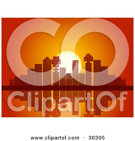 Clipart Illustration of a Red And Orange Sunset And Mosaic Patterned City Skyscraper Skyline Reflecting On Still Waters by elaineitalia