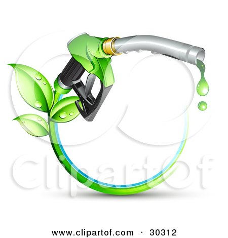 Clipart Illustration of Green Biofuel Dripping From A Gasoline Nozzle, With Leaves Sprouting From A Circle Of Blue And Green by beboy