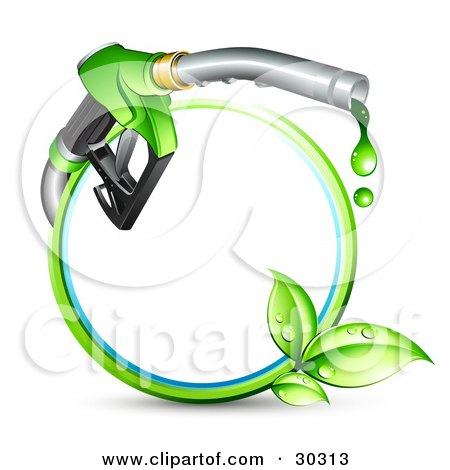 Clipart Illustration of a Blue And Green Circle With Sprouting Leaves And A Gasoline Nozzle Dripping Green Fuel by beboy