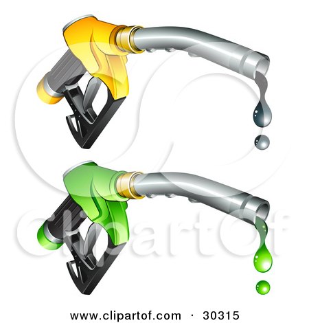Clipart Illustration of Two Yellow And Green Gasoline Nozzles With Black And Green Fuel Dripping From The Tips by beboy