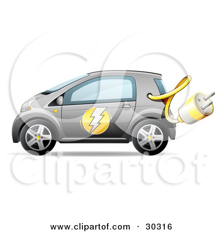 Clipart Illustration of a Gray Compact Electric Car With The Power Plug Haning Out by beboy