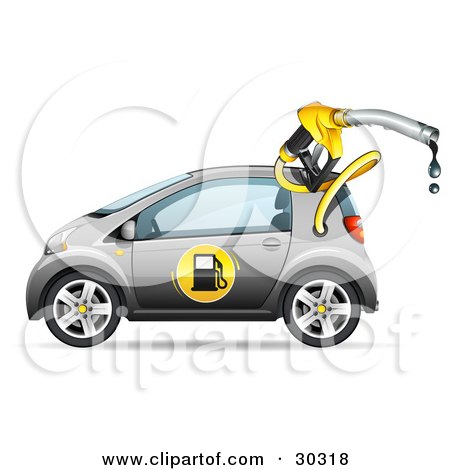 Clipart Illustration of a Gray Compact Gasoline Powered Car With A Dripping Fuel Nozzle Coming Out Of The Fuel Compartment by beboy