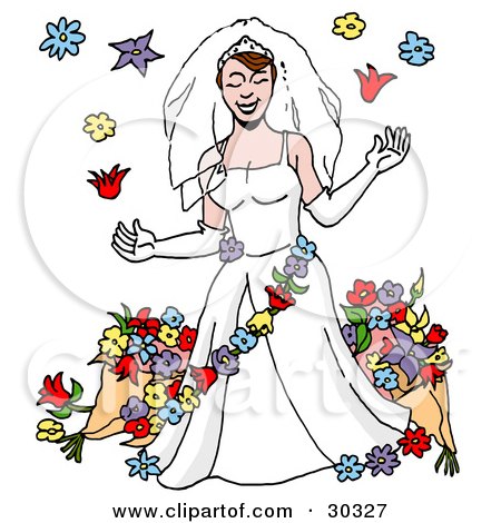 Clipart Illustration of a Beautiful Caucasian Bride In A White Gown And Gloves, Wearing A Veil And Garland, Surrounded By Flowers by LaffToon