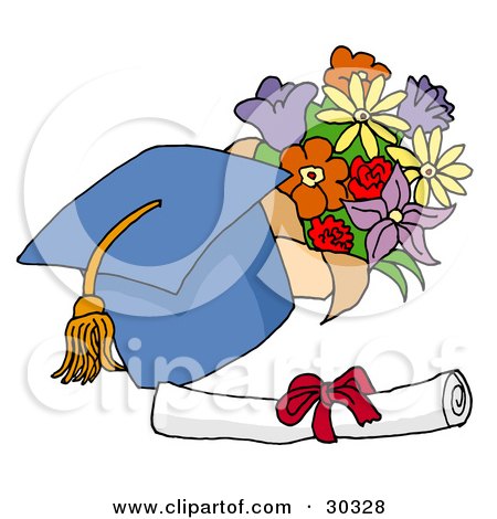 Clipart Illustration of a Blue Graduation Cap With A Yellow Tassel, Resting By A Floral Bouquet And Diploma by LaffToon