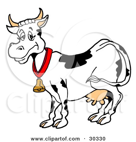 Clipart Illustration of a Happy Black And White Dairy Cow Wearing A Bell Around Its Neck by LaffToon