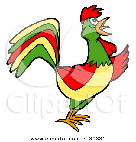 Clipart Illustration of a Colorful Farm Rooster Crowing At Dawn by LaffToon