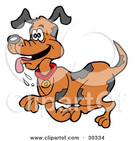 Clipart Illustration of a Happy Brown Dog With Spots, Trotting With His Tongue Hanging Out by LaffToon