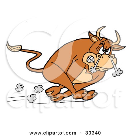 Clipart Illustration of a Raging Brown Charging Bull Running With Smoke Coming Out Of His Nose by LaffToon