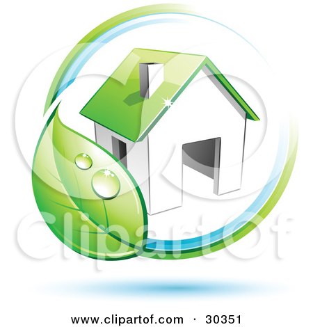 Clipart Illustration of a Pre-Made Logo Of A Circling Dewy Green Leaf Around A Home by beboy