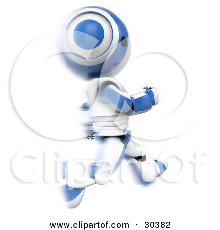 Clipart Illustration of a 3D White And Blue Ao-Maru Robot Running Past In A Blur by Leo Blanchette