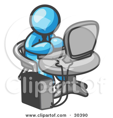 Clipart Illustration of a Light Blue Man Sitting At A Round Table And Using A Desktop Computer, On A White Background by Leo Blanchette