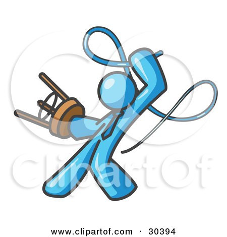 Clipart Illustration of a Light Blue Tamer Man Holding A Stool And Cracking A Whip, On A White Background by Leo Blanchette