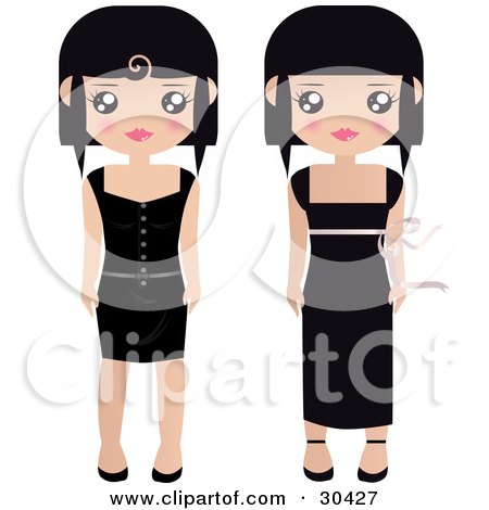 Clipart Illustration of Two Black Haired Female Paper Formal And Casual Black Dresses, One Long And One Short by Melisende Vector