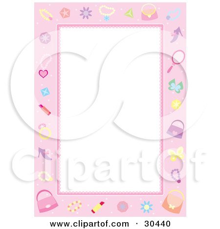 Clipart Illustration of a White Stationery Background Bordered In Pink With Cosmetics, Jewels, Butterflies, Accessories And Jewelery by Alex Bannykh