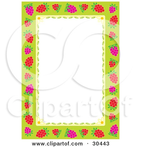 Clipart Illustration of a White Stationery Background Bordered In Pink And Red Raspberries With Daisy Flowers And Petals On Green by Alex Bannykh