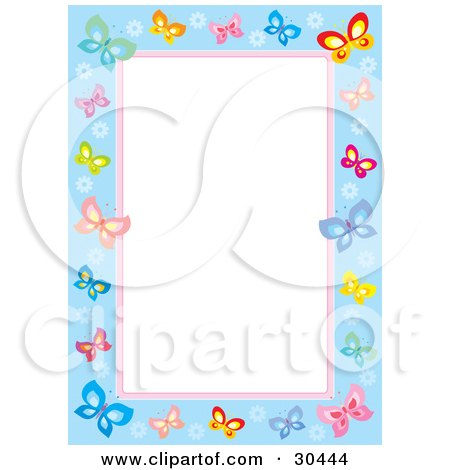 Clipart Illustration of a White Stationery Background Bordered In Blue And Pink With Colorful Butterflies And Flowers by Alex Bannykh