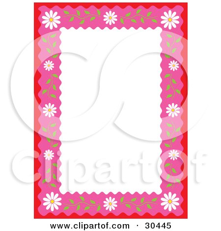 Clipart Illustration of a White Stationery Background Bordered In Red And Pink With White Daisy Flowers And Stems by Alex Bannykh
