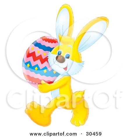 Clipart Illustration of an Adorable Yellow Easter Bunny Carrying A Big Colorful Easter Egg by Alex Bannykh
