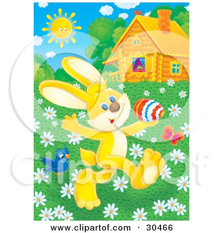 Clipart Illustration of a Blue Bird And Butterfly Flying Around A Yellow Rabbit Prancing In A Meadow Of Spring Daisy Flowers Near A Log Cabin On A Sunny Day by Alex Bannykh