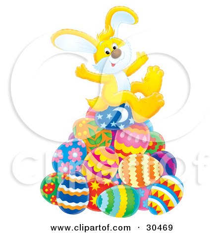 Clipart Illustration of a Cute Yellow Bunny Rabbit Sitting Atop Of A Pile Of Colorful Easter Eggs by Alex Bannykh