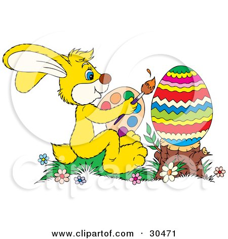 Clipart Illustration of a Cute Yellow Bunny Rabbit Sitting In Flowers, Holding A Palette And Paint Brush And Painting A Large Easter Egg Propped On A Stump by Alex Bannykh