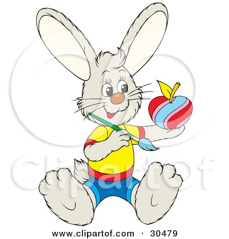 Clipart Illustration of a Happy Little Bunny Rabbit In Clothes, Sitting And Painting An Apple Like An Easter Egg by Alex Bannykh