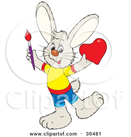 Clipart Illustration of a Happy Bunny Rabbit Dressed In Clothes, Holding A Paintbrush And A Red Heart Valentine by Alex Bannykh
