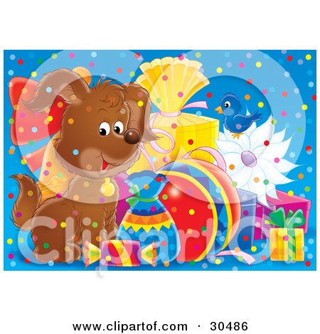Clipart Illustration of a Bluebird And Happy Brown Puppy Dog Surrounded By Confetti And Birthday Presents by Alex Bannykh