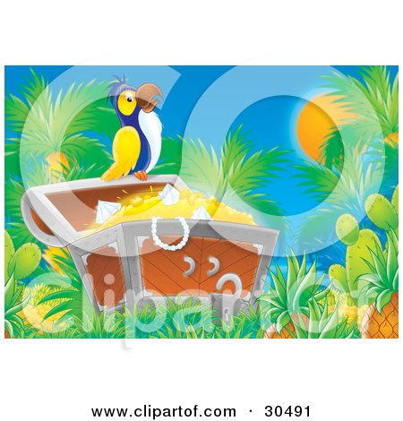 Clipart Illustration of a Blue And Yellow Parrot Perched Atop An Open Treasure Chest Full Of Diamonds And Gold Coins by Alex Bannykh