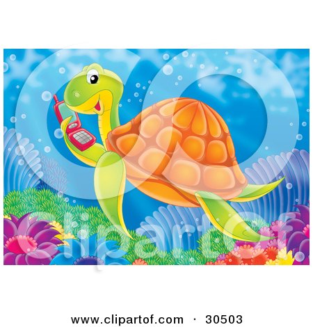 Clipart Illustration of a Social Sea Turtle Swimming And Talking On A Red Cell Phone by Alex Bannykh