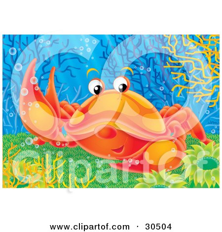 Clipart Illustration of a Friendly Orange Crab Raising A Claw To Wave At A Friend by Alex Bannykh