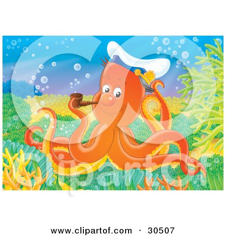Clipart Illustration of an Orange Octopus Wearing A Captains Hat And Smoking A Tobacco Pipe by Alex Bannykh