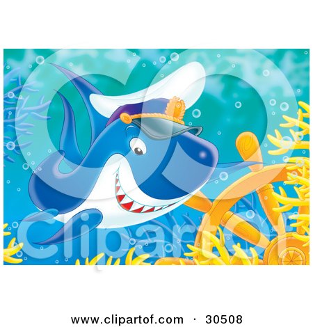 Clipart Illustration of a Grinning Blue Shark Wearing A Captain's Hat And Pretending To Steer A Ship With A Sunken Helm by Alex Bannykh