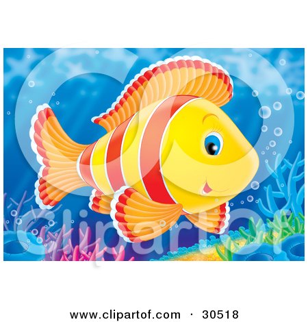 Clipart Illustration of a Cute Red, Orange And Yellow Blue Eyed Marine Fish Swimming Over Colorful Corals by Alex Bannykh