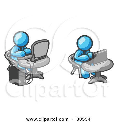 Clipart Illustration of Two Light Blue Men, Employees, Working on Computers in an Office, One Using a Desktop, the Other Using a Laptop by Leo Blanchette