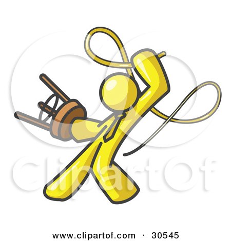 Clipart Illustration of a Yellow Tamer Man Holding A Stool And Cracking A Whip, On A White Background by Leo Blanchette