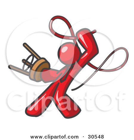 Clipart Illustration of a Red Tamer Man Holding A Stool And Cracking A Whip, On A White Background by Leo Blanchette