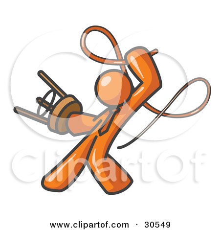 Clipart Illustration of an Orange Tamer Man Holding A Stool And Cracking A Whip, On A White Background by Leo Blanchette