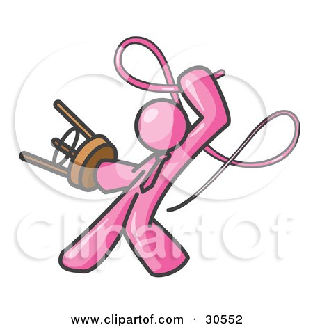 Clipart Illustration of a Pink Tamer Man Holding A Stool And Cracking A Whip, On A White Background by Leo Blanchette